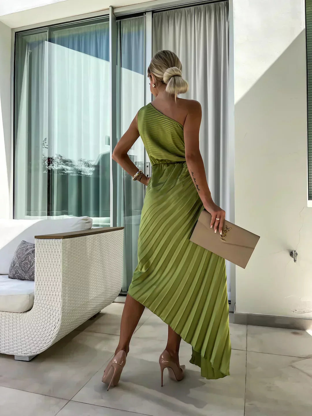 Damen Elegantes One-Shoulder Plissee-Kleid – Festliches Abendkleid für besondere Anlässe