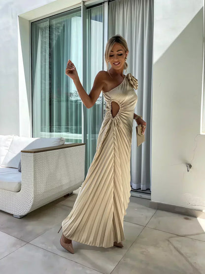 Damen Elegantes One-Shoulder Plissee-Kleid – Festliches Abendkleid für besondere Anlässe