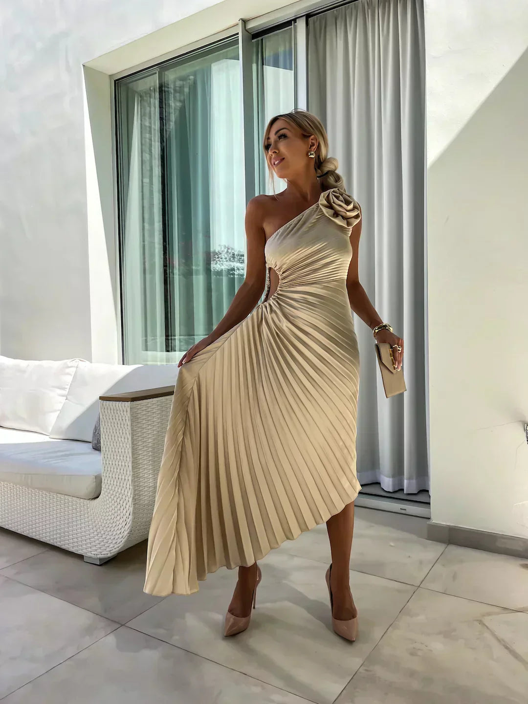 Damen Elegantes One-Shoulder Plissee-Kleid – Festliches Abendkleid für besondere Anlässe