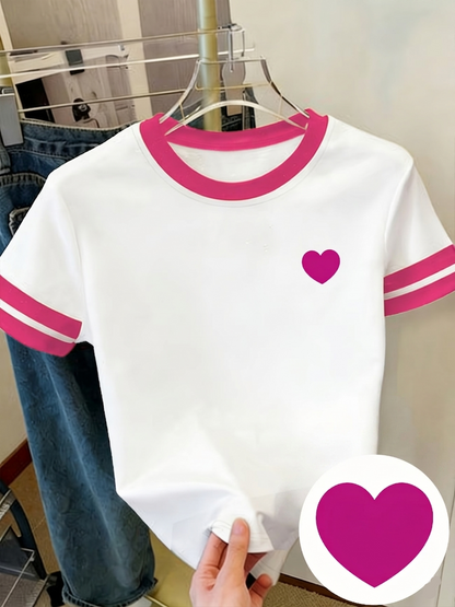 Damen T-Shirt mit Herz-Print und Kontraststreifen – Casual Streetwear Style