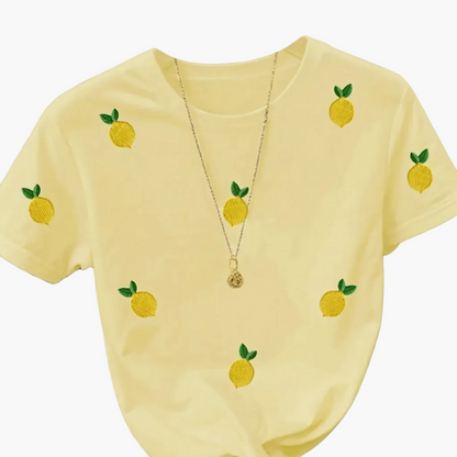 Damen T-Shirt mit Zitronen-Stickerei, Casual Sommer Oberteil, stylisch und verspielt