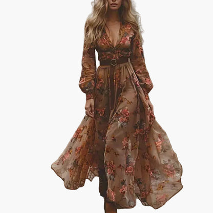 Damen Boho Maxikleid mit Blumenstickerei und langen Ärmeln, Vintage-Stil für Freizeit & Outdoor