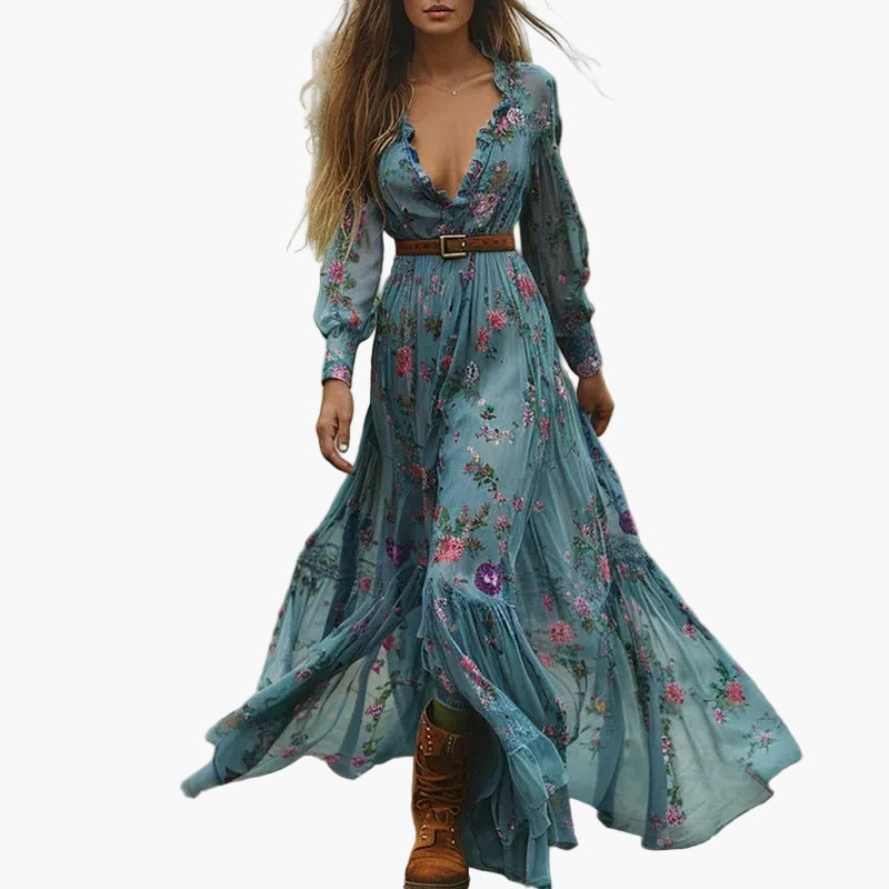 Damen Boho Maxikleid mit Blumenstickerei und langen Ärmeln, Vintage-Stil für Freizeit & Outdoor