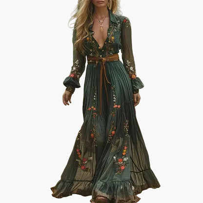 Damen Boho Maxikleid mit Blumenstickerei und langen Ärmeln, Vintage-Stil für Freizeit & Outdoor