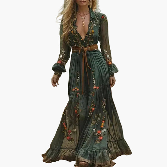Damen Boho Maxikleid mit Blumenstickerei und langen Ärmeln, Vintage-Stil für Freizeit & Outdoor