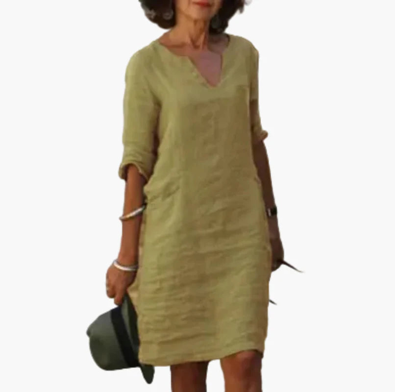 Damen Kleid mit V-Ausschnitt und 3/4-Ärmeln – Eleganter Freizeit- und Alltagsstil
