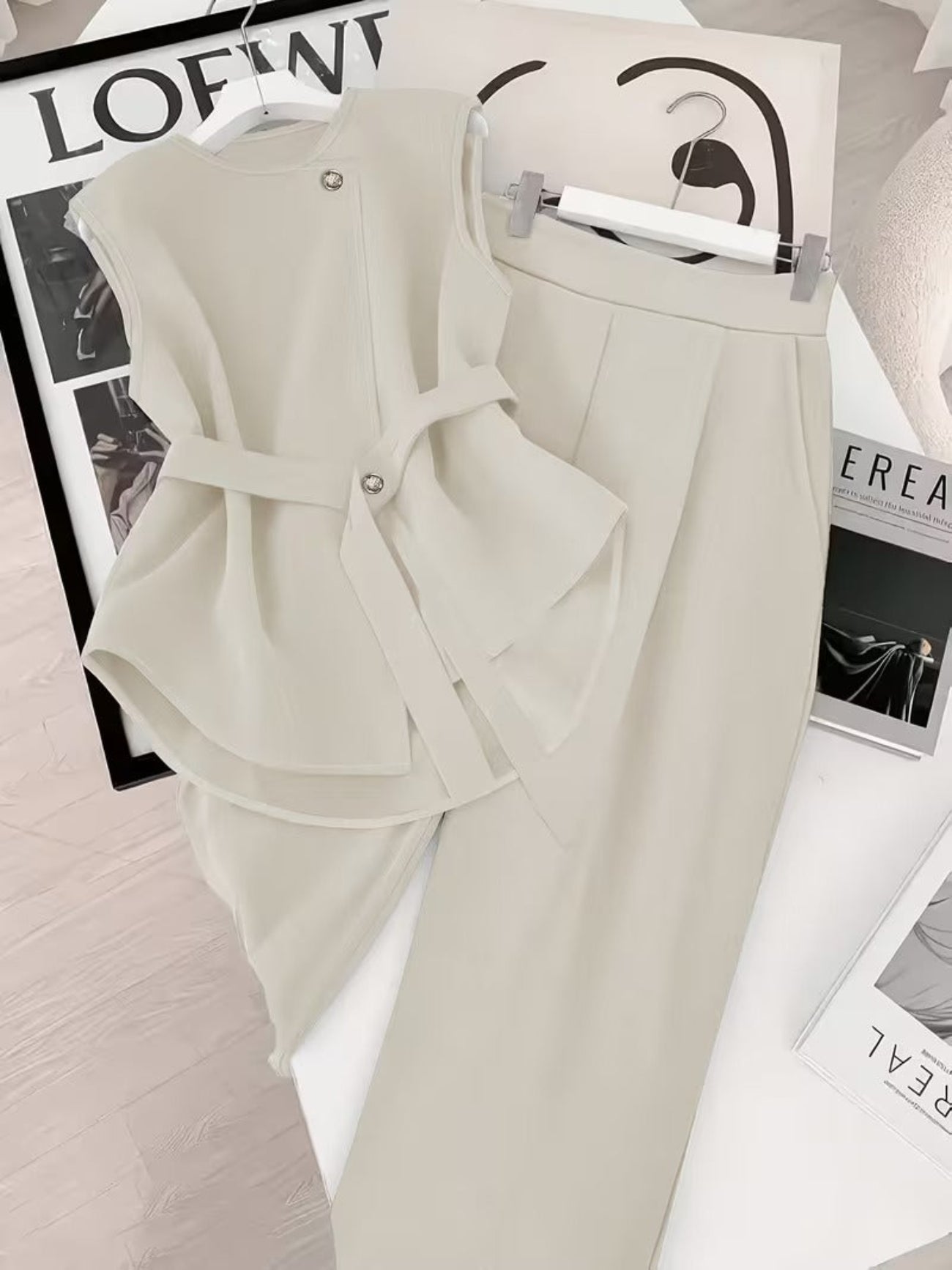 Damen Business Zweiteiler Set – Elegantes Top mit Gürtel und Weite Hose für Büro und Events