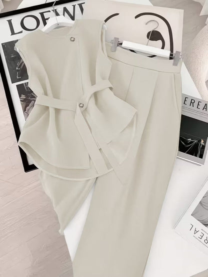 Damen Business Zweiteiler Set – Elegantes Top mit Gürtel und Weite Hose für Büro und Events