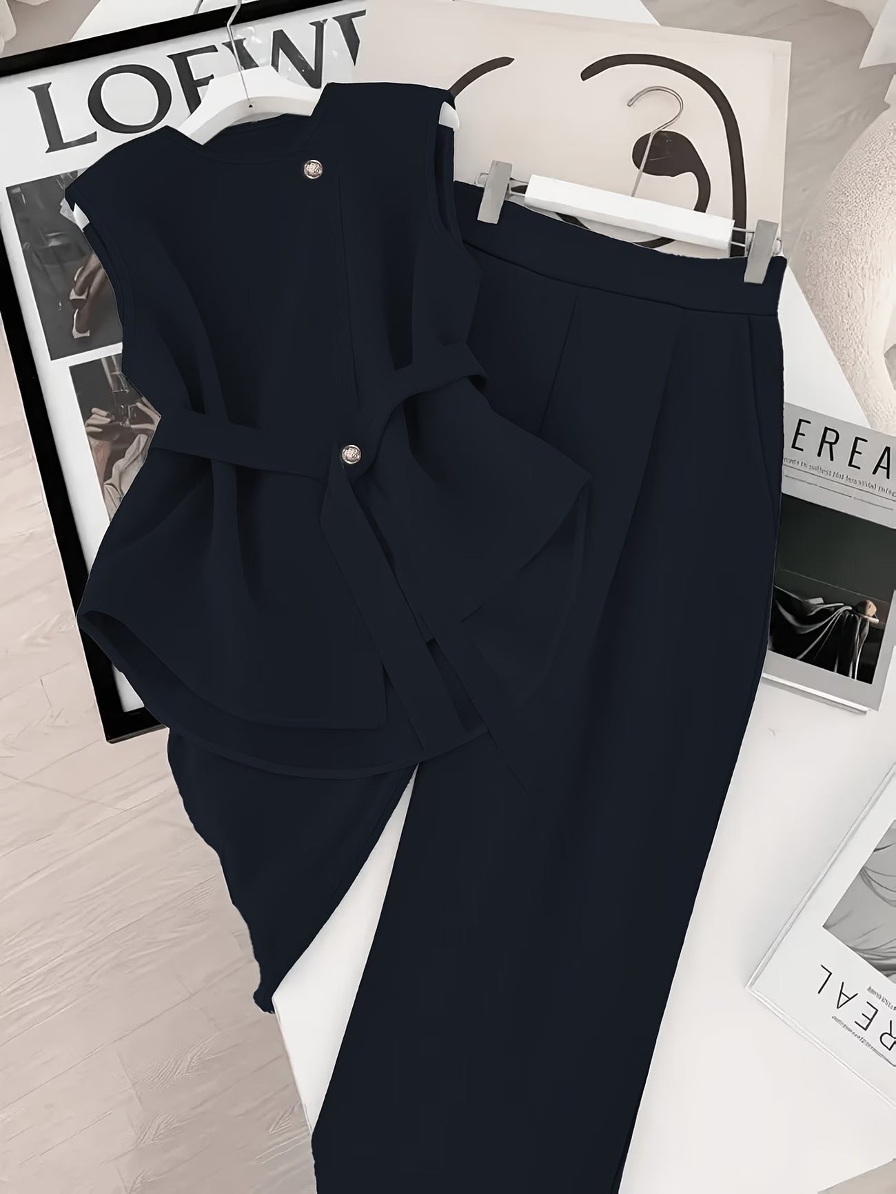 Damen Business Zweiteiler Set – Elegantes Top mit Gürtel und Weite Hose für Büro und Events