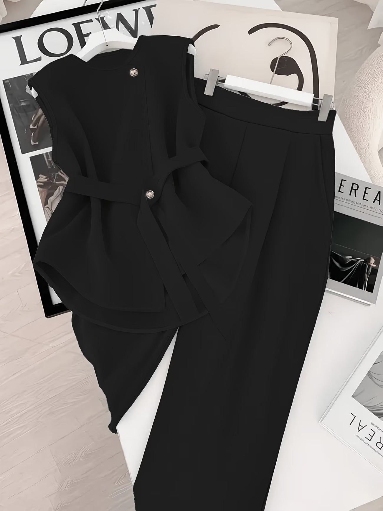Damen Business Zweiteiler Set – Elegantes Top mit Gürtel und Weite Hose für Büro und Events