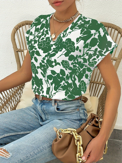 Damen Elegant Blusenshirt mit Blumenmuster und V-Ausschnitt – Perfekt für Büro & Freizeit