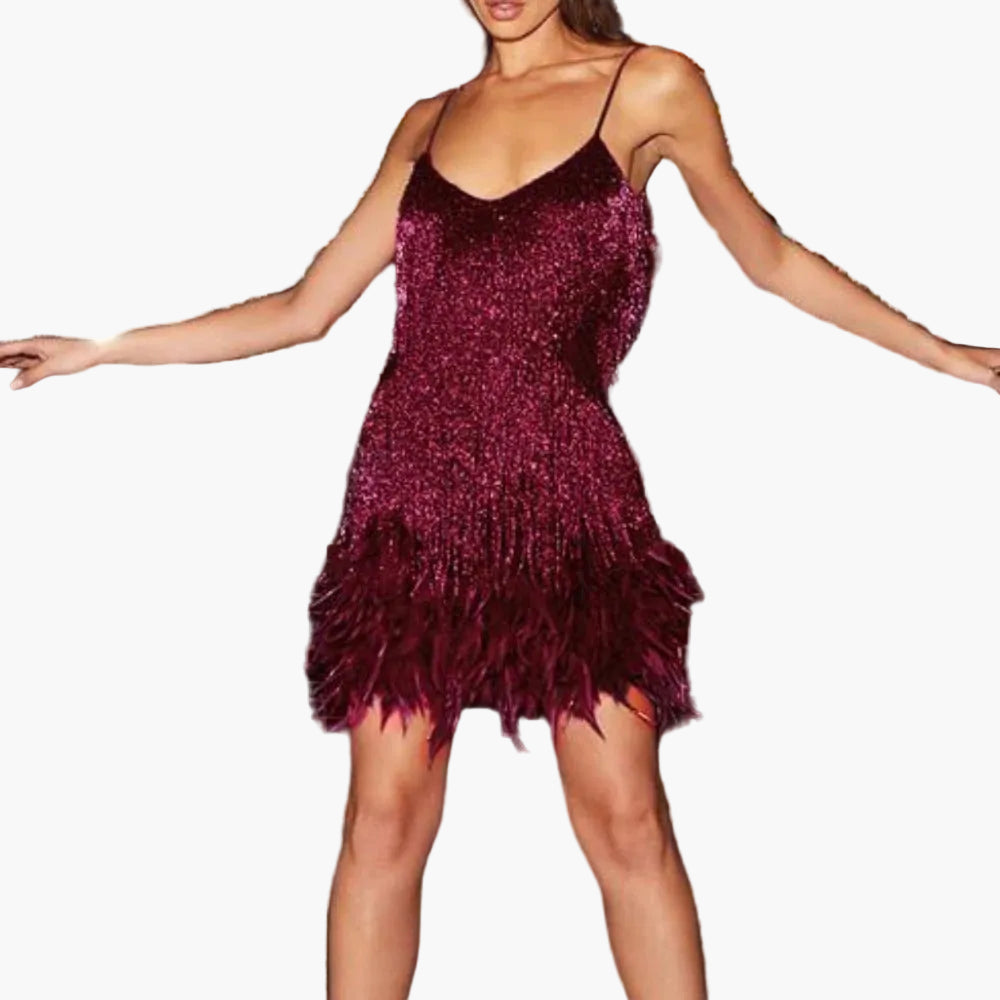 Damen Cocktailkleid mit Fransen und Federn – Elegantes Partykleid im 20er-Jahre-Stil für besondere Anlässe