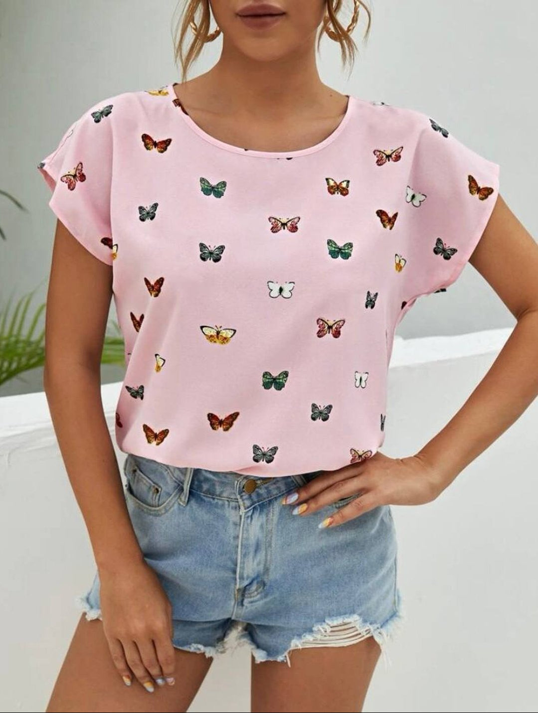 Damen Schmetterlingsprint Bluse – Modisches Sommer Top für Alltag & Freizeit