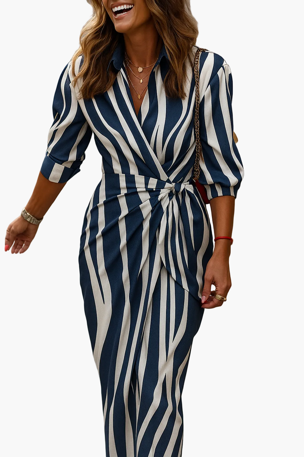 Damen Wickelkleid Midi – Elegantes Büro- und Freizeitkleid mit modernem Streifenmuster