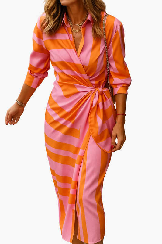 Damen Wickelkleid Midi – Elegantes Büro- und Freizeitkleid mit modernem Streifenmuster
