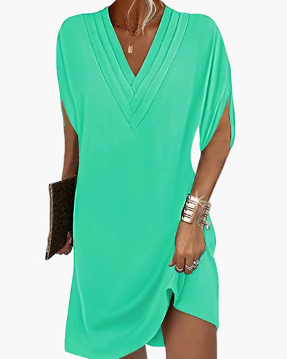 Damen Sommerkleid Elegant V-Ausschnitt Freizeitkleid mit Schlitzärmeln – Perfekt für Alltag & Events