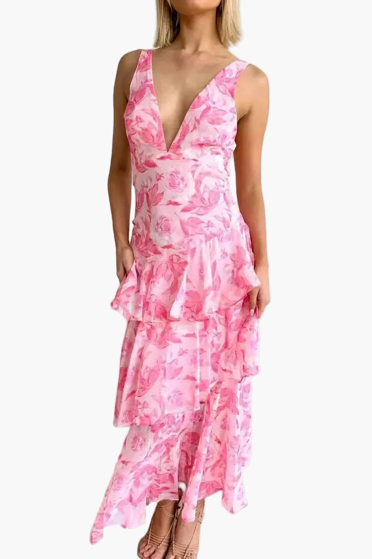 Damen Maxi Kleid mit Volants und tiefem V-Ausschnitt – Elegantes Sommerkleid für besondere Anlässe