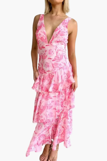 Damen Maxi Kleid mit Volants und tiefem V-Ausschnitt – Elegantes Sommerkleid für besondere Anlässe