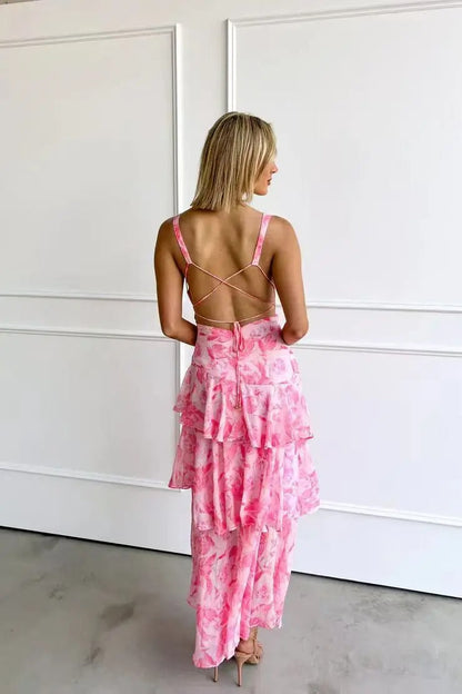 Damen Maxi Kleid mit Volants und tiefem V-Ausschnitt – Elegantes Sommerkleid für besondere Anlässe