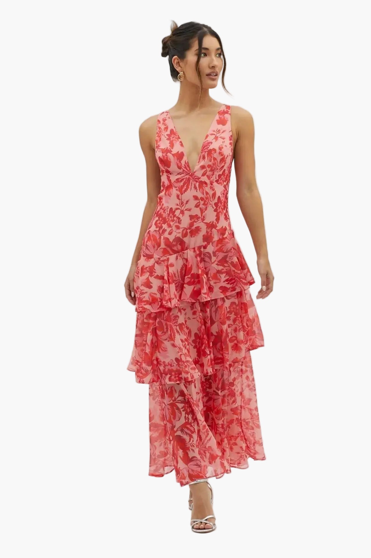 Damen Maxi Kleid mit Volants und tiefem V-Ausschnitt – Elegantes Sommerkleid für besondere Anlässe