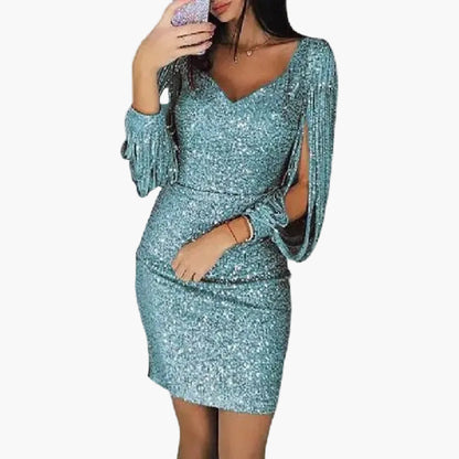 Damen Pailletten Partykleid mit Drapierten Ärmeln – Elegantes Abend- und Cocktailkleid