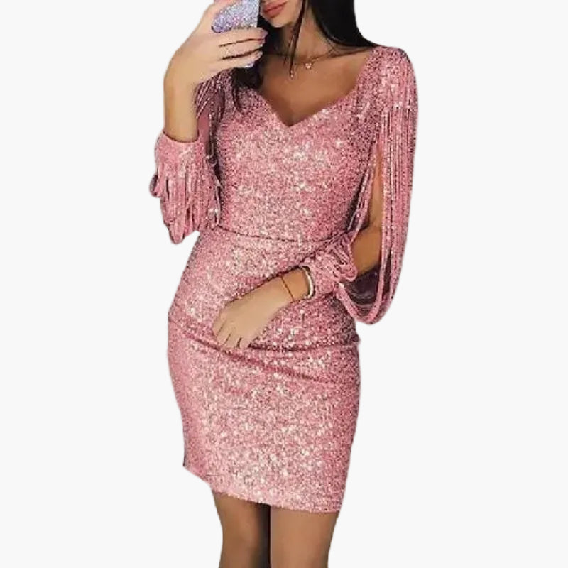 Damen Pailletten Partykleid mit Drapierten Ärmeln – Elegantes Abend- und Cocktailkleid