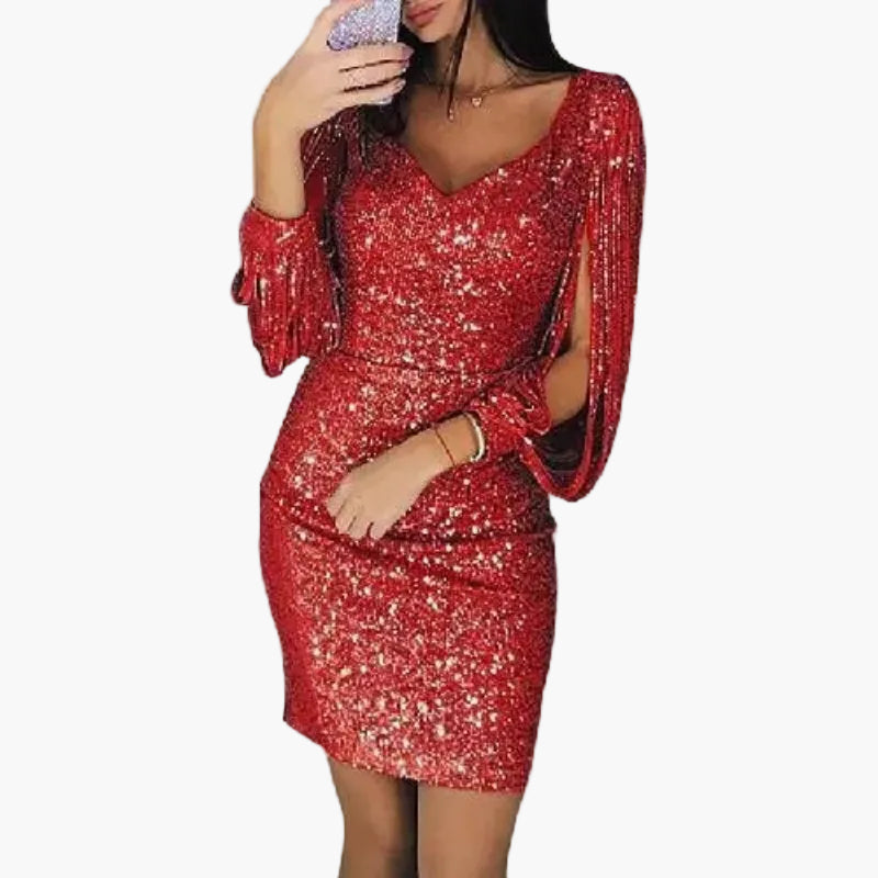 Damen Pailletten Partykleid mit Drapierten Ärmeln – Elegantes Abend- und Cocktailkleid