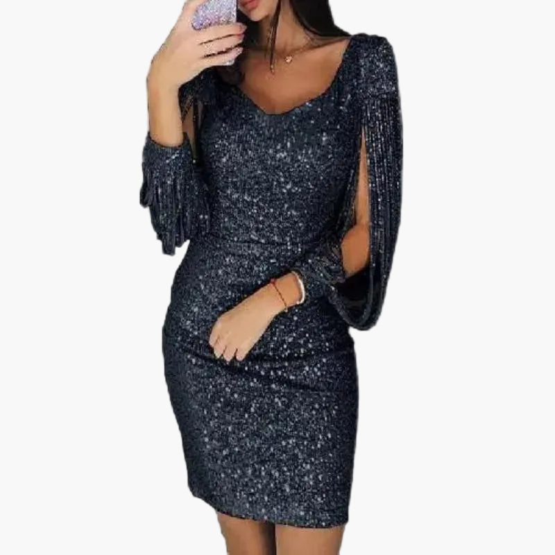 Damen Pailletten Partykleid mit Drapierten Ärmeln – Elegantes Abend- und Cocktailkleid