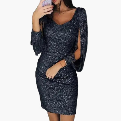 Damen Pailletten Partykleid mit Drapierten Ärmeln – Elegantes Abend- und Cocktailkleid