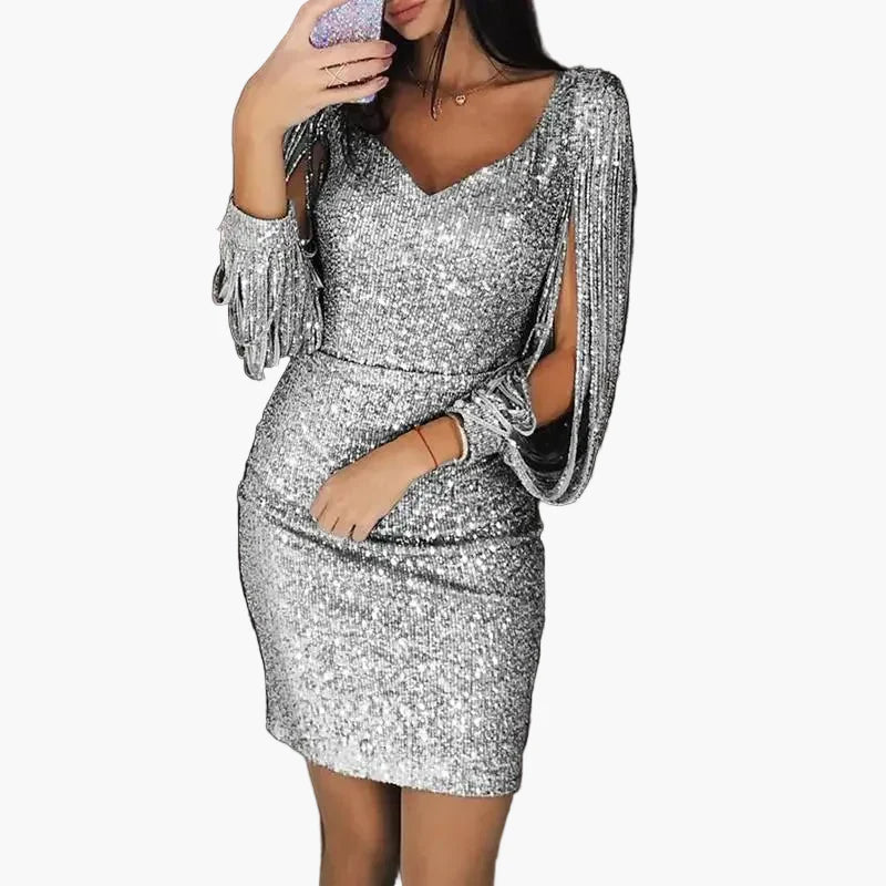 Damen Pailletten Partykleid mit Drapierten Ärmeln – Elegantes Abend- und Cocktailkleid