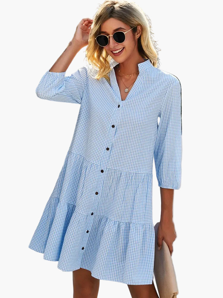 Damen Freizeitkleid Kariert Luftig Knopfleiste – Sommerkleid im A-Linien-Stil für Alltag & Urlaub