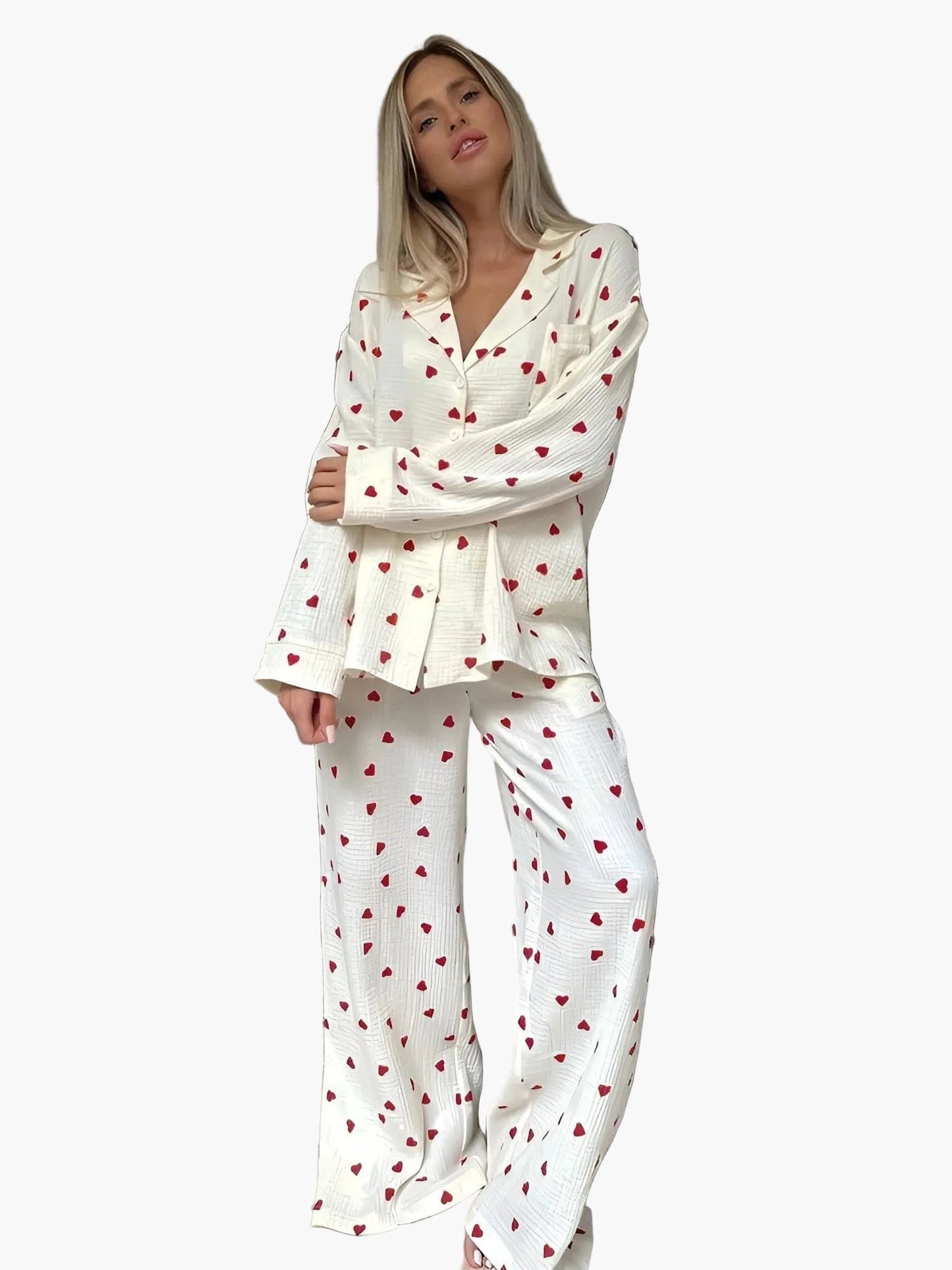Damen Pyjama Set mit Herzmuster – Stilvolles Schlafanzug-Set für gemütliche Nächte