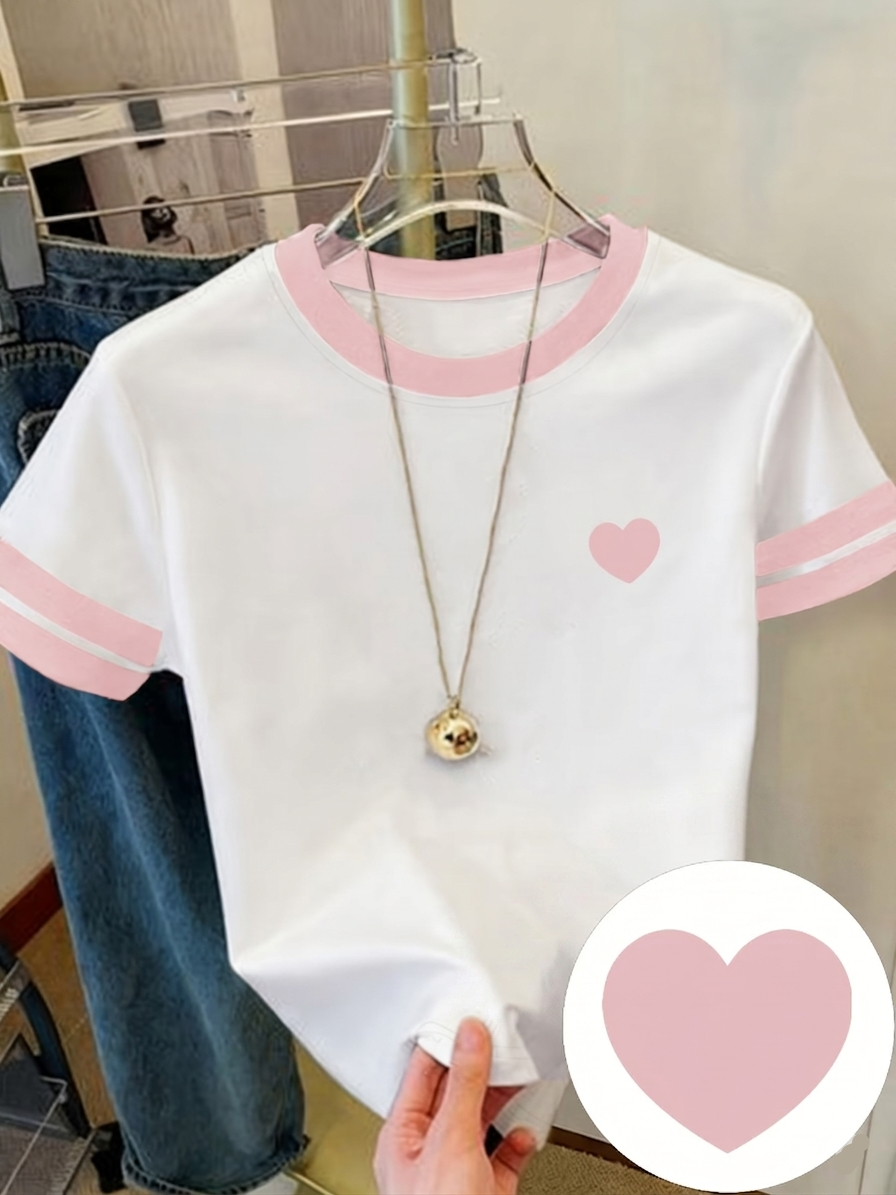 Damen T-Shirt mit Herz-Print und Kontraststreifen – Casual Streetwear Style
