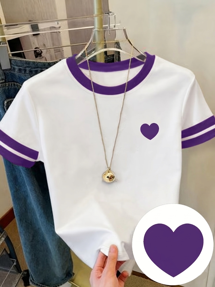 Damen T-Shirt mit Herz-Print und Kontraststreifen – Casual Streetwear Style