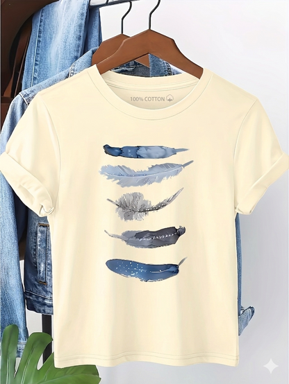 Damen T-Shirt mit künstlerischem Feder-Print – Lässiger Stil für Alltag & Freizeit