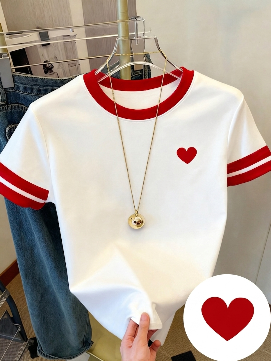 Damen T-Shirt mit Herz-Print und Kontraststreifen – Casual Streetwear Style