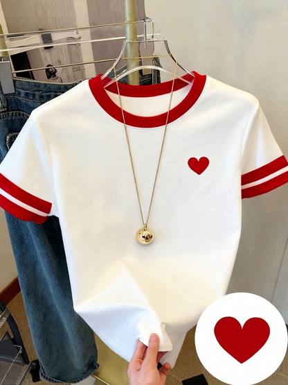 Damen T-Shirt mit Herz-Print und Kontraststreifen – Casual Streetwear Style