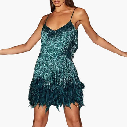 Damen Cocktailkleid mit Fransen und Federn – Elegantes Partykleid im 20er-Jahre-Stil für besondere Anlässe