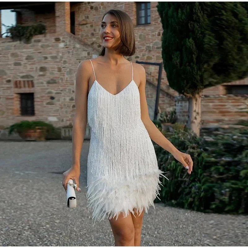 Damen Cocktailkleid mit Fransen und Federn – Elegantes Partykleid im 20er-Jahre-Stil für besondere Anlässe