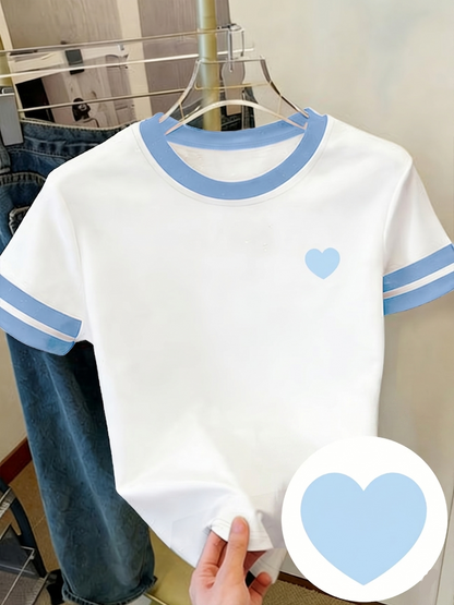 Damen T-Shirt mit Herz-Print und Kontraststreifen – Casual Streetwear Style