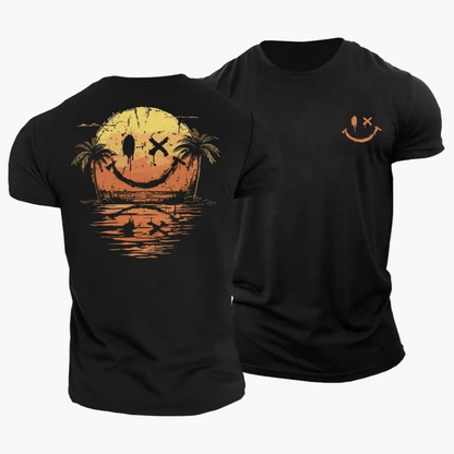 Herren T-Shirt mit Smiley Sonnenuntergang Palmen Motiv – Lässiges Sommer Freizeitshirt
