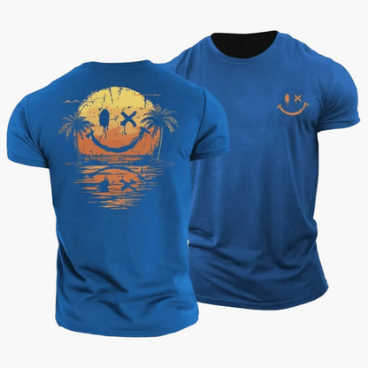 Herren T-Shirt mit Smiley Sonnenuntergang Palmen Motiv – Lässiges Sommer Freizeitshirt