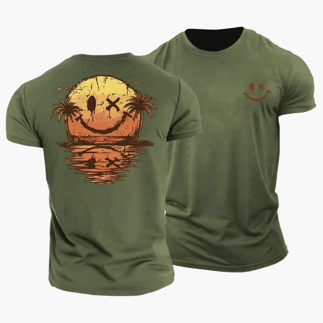 Herren T-Shirt mit Smiley Sonnenuntergang Palmen Motiv – Lässiges Sommer Freizeitshirt