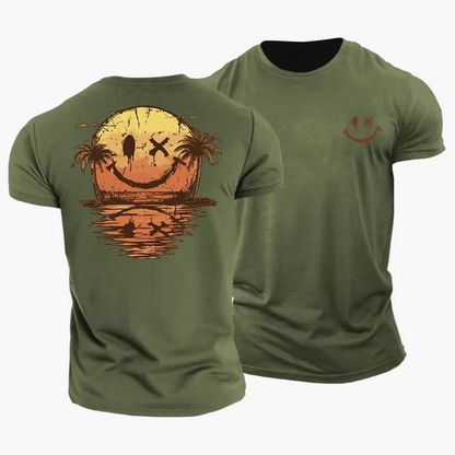 Herren T-Shirt mit Smiley Sonnenuntergang Palmen Motiv – Lässiges Sommer Freizeitshirt