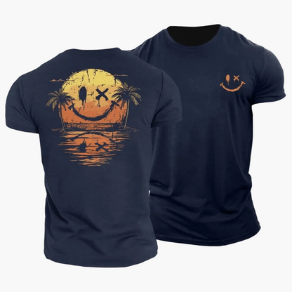 Herren T-Shirt mit Smiley Sonnenuntergang Palmen Motiv – Lässiges Sommer Freizeitshirt
