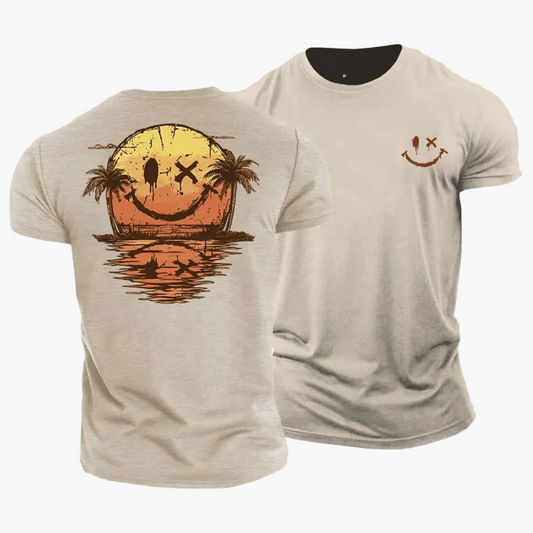 Herren T-Shirt mit Smiley Sonnenuntergang Palmen Motiv – Lässiges Sommer Freizeitshirt