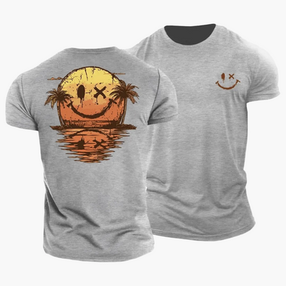 Herren T-Shirt mit Smiley Sonnenuntergang Palmen Motiv – Lässiges Sommer Freizeitshirt