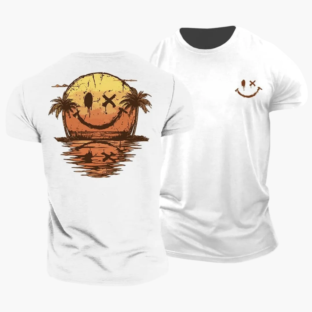 Herren T-Shirt mit Smiley Sonnenuntergang Palmen Motiv – Lässiges Sommer Freizeitshirt