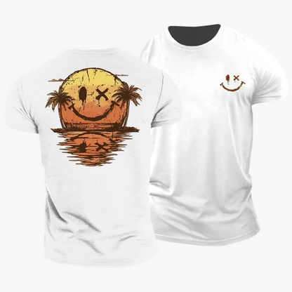 Herren T-Shirt mit Smiley Sonnenuntergang Palmen Motiv – Lässiges Sommer Freizeitshirt