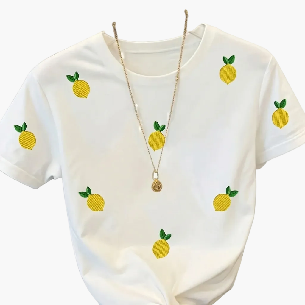 Damen T-Shirt mit Zitronen-Stickerei, Casual Sommer Oberteil, stylisch und verspielt